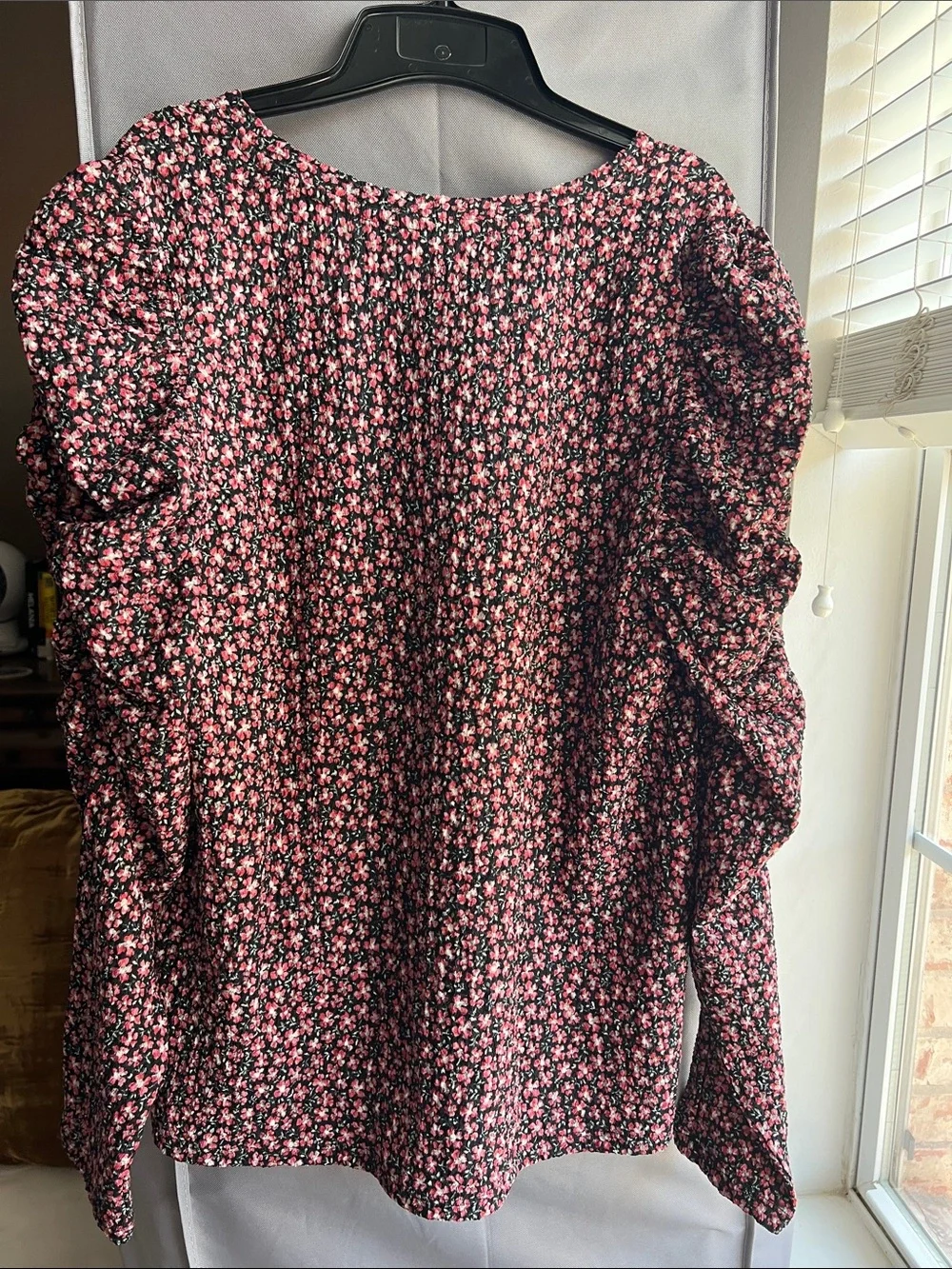 LOFT Black and Pink Floral V-Neck Blouse